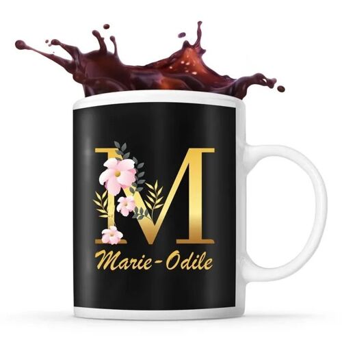 Mug Marie-Odile | Tasse Prénom Femme Fond Noir Avec Lettre Fleur | Idée Cadeau Pour Anniversaire Noël Et Fête Des Mères