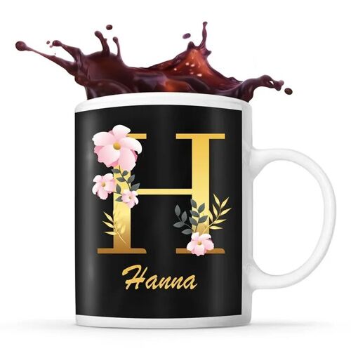 Mug Hanna | Tasse Prénom Femme Fond Noir Avec Lettre Fleur | Idée Cadeau Pour Anniversaire Noël Et Fête Des Mères