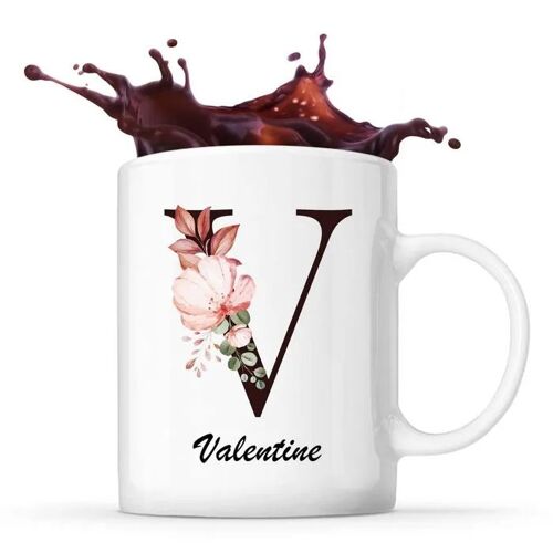 Mug Valentine | Tasse Prénom Femme Avec Lettre Fleur | Idée Cadeau Pour Anniversaire Noël Et Fête Des Mères