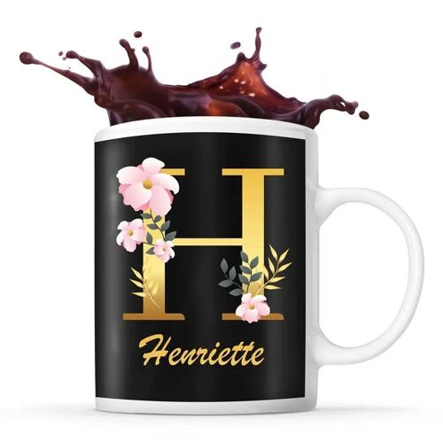 Mug Henriette | Tasse Prénom Femme Fond Noir Avec Lettre Fleur | Idée Cadeau Pour Anniversaire Noël Et Fête Des Mères