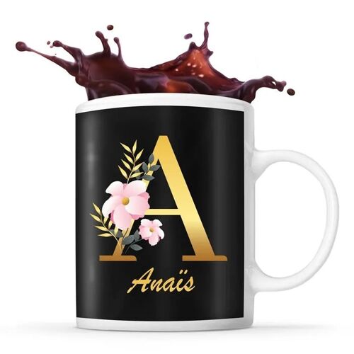 Mug Anaïs | Tasse Prénom Femme Fond Noir Avec Lettre Fleur | Idée Cadeau Pour Anniversaire Noël Et Fête Des Mères