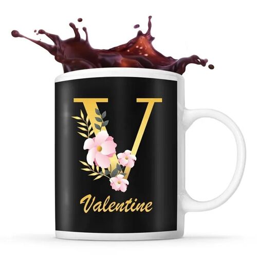 Mug Valentine | Tasse Prénom Femme Fond Noir Avec Lettre Fleur | Idée Cadeau Pour Anniversaire Noël Et Fête Des Mères
