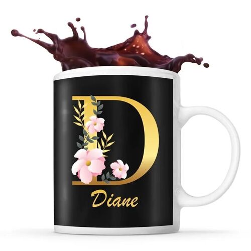 Mug Diane | Tasse Prénom Femme Fond Noir Avec Lettre Fleur | Idée Cadeau Pour Anniversaire Noël Et Fête Des Mères