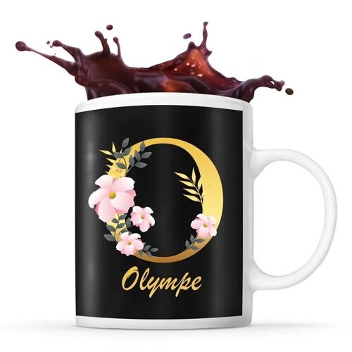 Mug Olympe | Tasse Prénom Femme Fond Noir Avec Lettre Fleur | Idée Cadeau Pour Anniversaire Noël Et Fête Des Mères