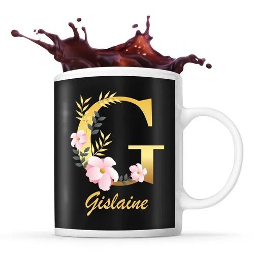 Mug Gislaine | Tasse Prénom Femme Fond Noir Avec Lettre Fleur | Idée Cadeau Pour Anniversaire Noël Et Fête Des Mères