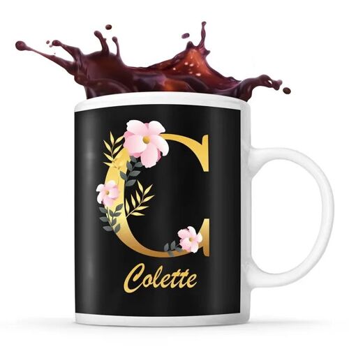 Mug Colette | Tasse Prénom Femme Fond Noir Avec Lettre Fleur | Idée Cadeau Pour Anniversaire Noël Et Fête Des Mères