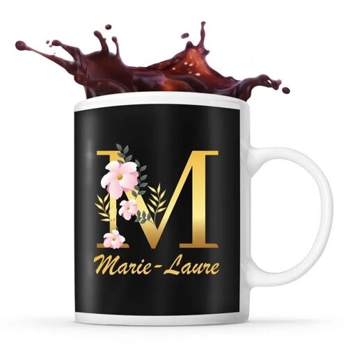 Mug Marie-Laure | Tasse Prénom Femme Fond Noir Avec Lettre Fleur | Idée Cadeau Pour Anniversaire Noël Et Fête Des Mères