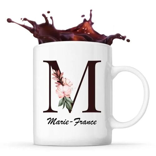 Mug Marie-France | Tasse Prénom Femme Avec Lettre Fleur | Idée Cadeau Pour Anniversaire Noël Et Fête Des Mères