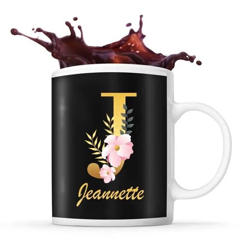 Mug Jeannette | Tasse Prénom Femme Fond Noir Avec Lettre Fleur | Idée Cadeau Pour Anniversaire Noël Et Fête Des Mères