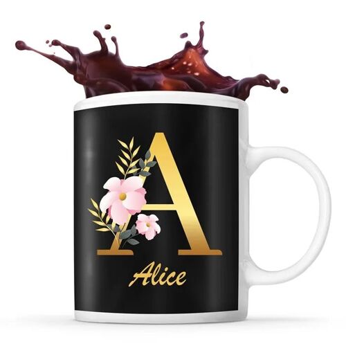 Mug Alice | Tasse Prénom Femme Fond Noir Avec Lettre Fleur | Idée Cadeau Pour Anniversaire Noël Et Fête Des Mères