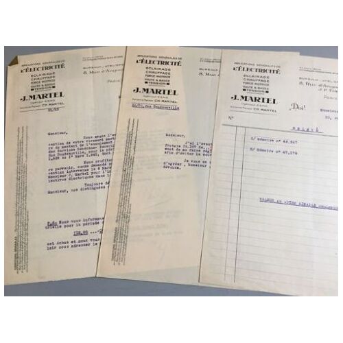 J. Martel, Applications Générales De L' Électricité, Paris : 4 Lettres & 1 Bordereau Avec 2 Timbres Fiscaux Da (1928/47) (Ancienne Maison Ch. Martel)