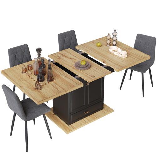 Table à manger extensible- 110-140x80x75 cm- Avec tiroirs et Portes- 6 à 8 personnes- MDFetMetal- Natural