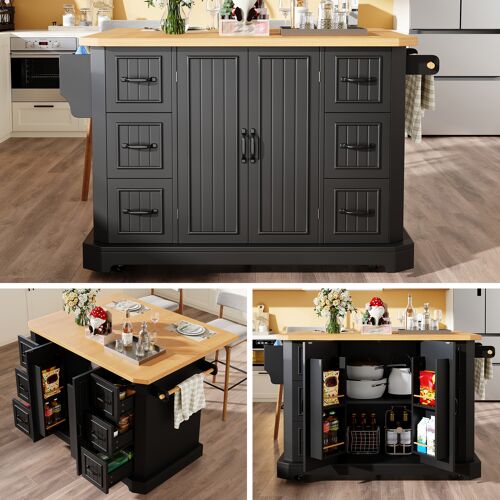 Desserte Cuisine- Ilot Central Cuisine Extensible- Meuble de cuisine multifonction avec 6 tiroirs et 2 portes avec étagères intégrées- 120x45(75)x91cm- Noir