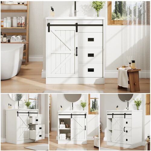 Meuble de salle de bain blanc design porte de grange- meuble sous-vasque avec lavabo en céramique- tiroirs et placard- moderne