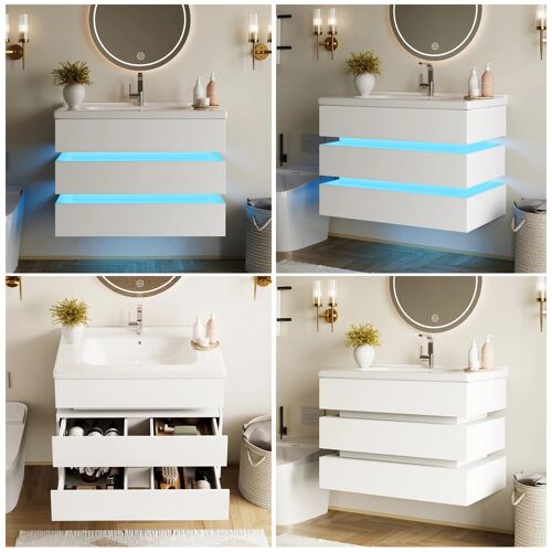 Meuble de salle de bain mural avec éclairage LED- lavabo en céramique- tiroirs soft-close- meuble blanc moderne