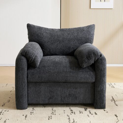 Fauteuil Surdimensionné Chenille Gris- Mousse haute résilience- avec Accoudoirs- Cadre bois Parfaite Pour Salon/Chambre