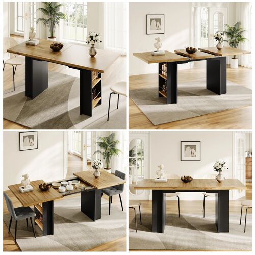 Table à manger extensible couleur bois 120-160×80cm- table télescopique avec étagères- cuisine/salon
