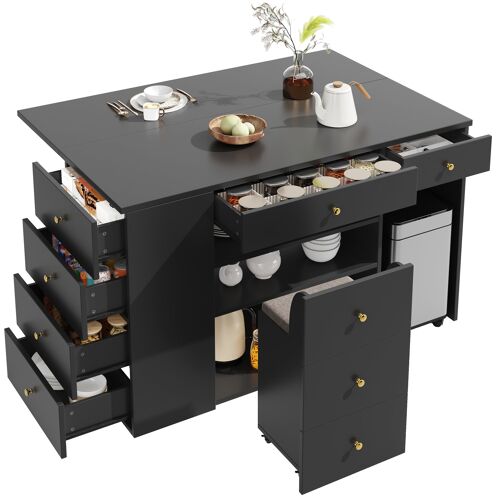 Ilot de cuisine Noir- Buffet de cuisine avec Plateau extensible- 6 tiroirs & placard & étagères- Tabouret rembourré avec 2 rangements intégrés- 140×40(70)×89cm
