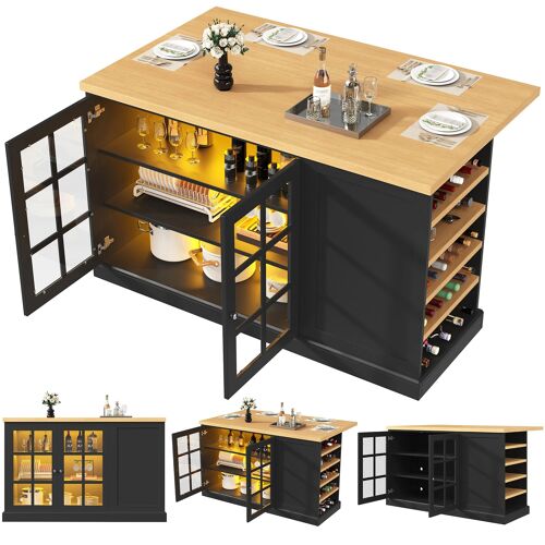 Ilot de cuisine pliante multifonction avec LED USB- Casier à vin incliné et tiroir- Table bar lumineux - Gain de place petit appartement