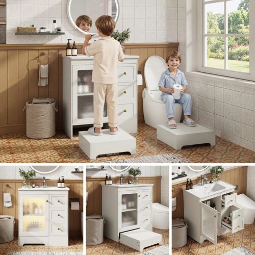 Meuble de salle de bain avec support de pied caché- lavabo en céramique lisse- éclairage LED- verre gaufré et poignées dorée(Blanc)