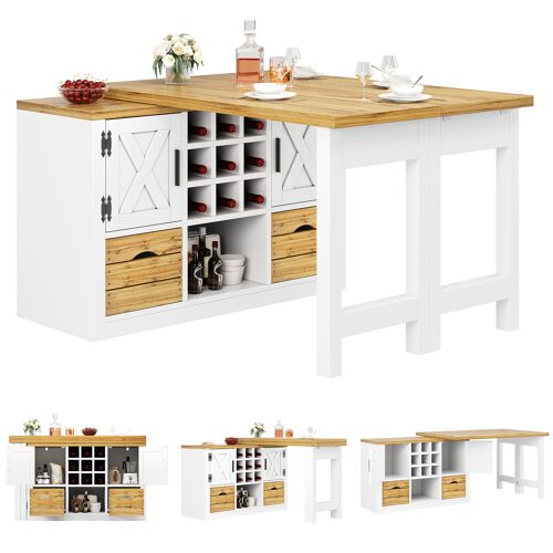 Ilot de cuisine extensible- 120-197x40x72cm- table à manger rotation 360°Avec 2 tiroirs & porte-bouteilles & Portes- Blanc
