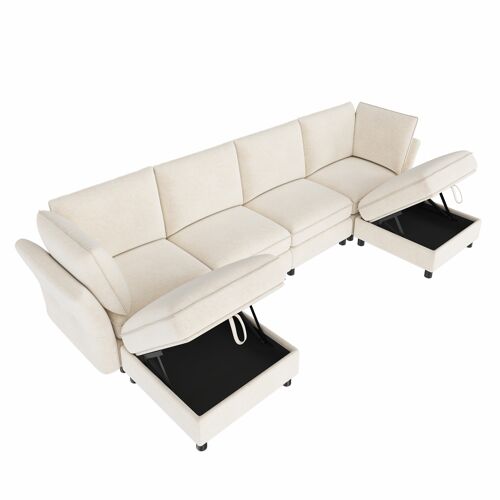Canapé d'angle modulaire- 3 places- rangements- coussins inclus- chenille- structure robuste- 289x137x84cm- Beige