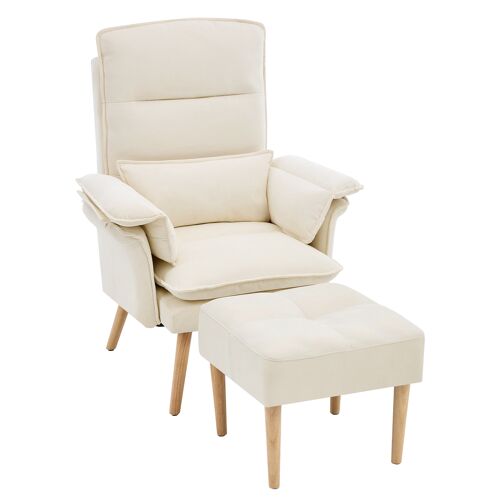 Fauteuil relax- 1 place- avec ottoman- coussins inclus- lin- dossier inclinable- pour salon- hôtel- 85x78x112cm- Beige