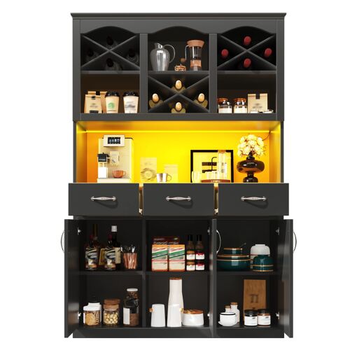 Buffet haut de cuisine Cuisine avec Éclairage LED musical- 3 tiroirs & 3 portes & Étagères réglables 3 niveaux- en MDF- 120×40×180cm- Noir