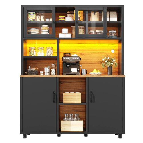 Buffet haut de cuisine Cuisine avec éclairage intelligent- 3 étagères ajustables- Port USB- Rangement snacks- Anti-basculement- 140×40×185 cm- Noir