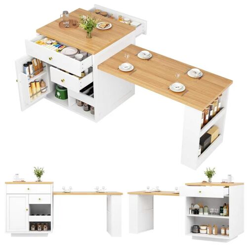 Ilot de Cuisine Extensible 122.5-195.5×70×93.8cm- Buffet de cuisine Avec Table à manger- 2 Tiroirs & Porte-bouteilles- charge 60KG- Blanc