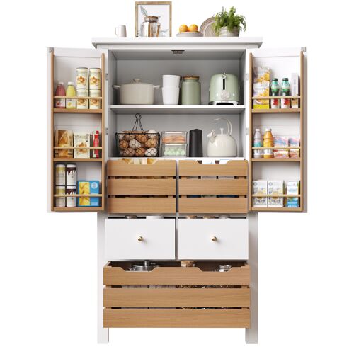 Buffet de Cuisine- Armoire haute Cuisine 80×40×140cm avec 2 portes & 5 tiroirs- Lattes amovibles- Anti-basculement- Blanc