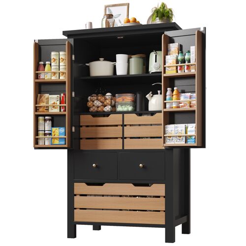 Buffet de Cuisine- Armoire haute Cuisine 80×40×140cm avec 2 portes & 5 tiroirs- Lattes amovibles- Anti-basculement- Noir