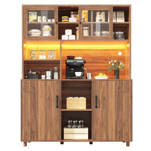 Buffet haut de cuisine Cuisine avec éclairage intelligent- 3 étagères ajustables- Port USB- Rangement snacks- Anti-basculement- 140×40×185 cm- Noyer