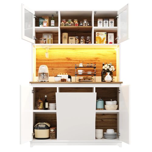Buffet haut de cuisine 180cm Blanc- Armoire de cuisine moderne avec Portes acryliques- Éclairage LED multicolore- Compartiment poubelle intégré