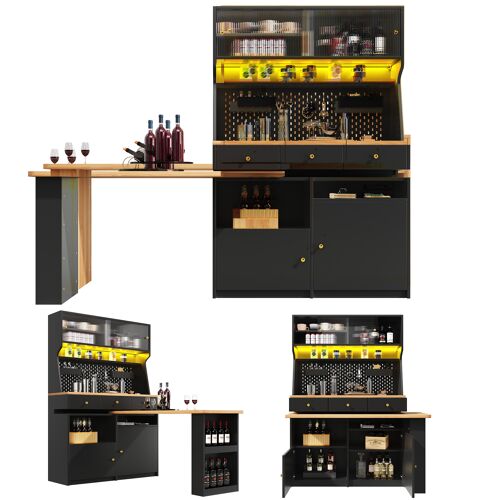 Buffet haut de cuisine multifonction- Armoire haute Cuisine 137×45×178 cm avec LED- Plateau extensible- 2 portes & 3 tiroirs- Noir