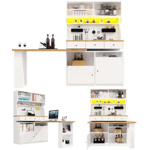 Buffet haut de cuisine multifonction- Armoire haute Cuisine 137×45×178 cm avec LED- Plateau extensible- 2 portes & 3 tiroirs- Blanc