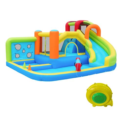 Château Gonflable Avec Souffleur 450w- Parc Aquatique Et Trampoline- Toboggans- Panier Basket- Mur D'escalade- Sèche/Humide