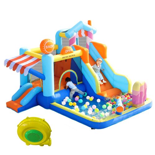 Château Gonflable Avec Souffleur 450w- Double Toboggan Aquatique Et Trampoline- Fontaine & Pistolets À Eau & Mur D'escalade