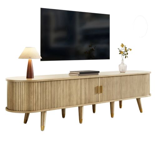 Meuble TV 175cm Style Campagnard- Portes Coulissantes Rotin- Finition Oak- Grand Rangement- Tiroirs & Compartiments Ouverts- MDF