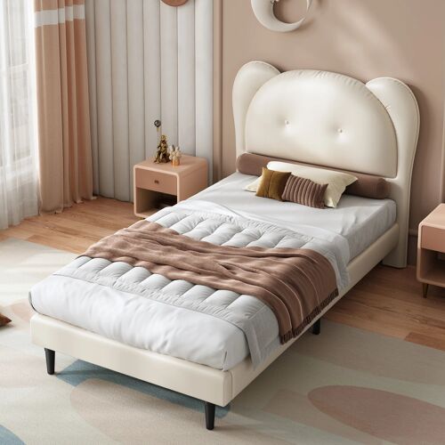 Lit Simple pour Enfant 90x200cm Tête de Lit Animal Structure Fer Stable- Sommier Stable- Beige