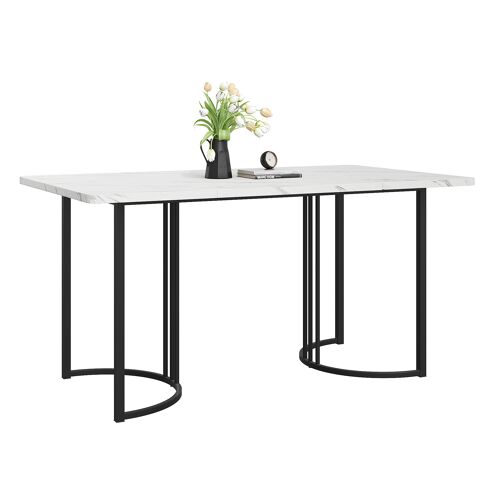 Table à manger- 140x80 cm- Effet marbre¿ Cadre métal- 6 personnes- Plateau MDF- Salle a manger/Salon- Blanc