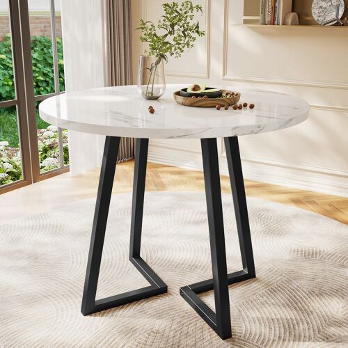 Table ronde 80cm- Effet marbre- Cadre métal- Pieds réglables- Salle a manger- Salon- Blanc et Noir
