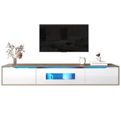 Meuble TV- 180 x 35 x 30 cm- Avec lumière LED 4 modes d'éclairage- A finition brillante- Blanc