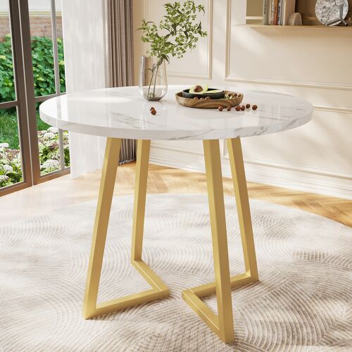 Table ronde 80cm- Effet marbre- Cadre métal- Pieds réglables- Salle a manger- Salon- Blanc et Or