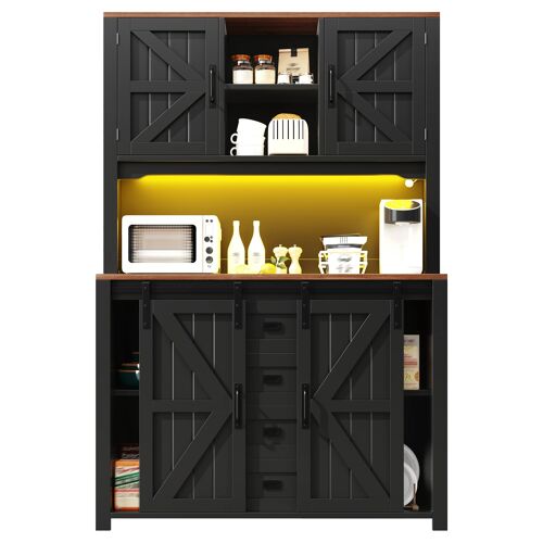 Buffet haut de cuisine Cuisine avec éclairage intelligent- 2 tiroirs et Étagères réglables- Portes X élégantes- 115×40×174- 7 cm- Noir