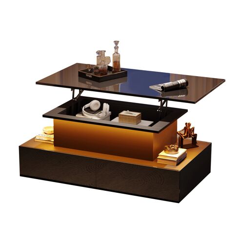 Table Basse Moderne Noire Brillante avec Éclairage LED et 4 Tiroirs ¿ 90x55x41 cm avec Rangement- Résistante jusqu'à 30 kg