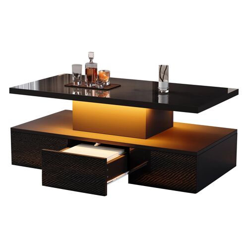 Table basse avec Lumières LED- 2 niveaux- Étagère ouverte et tiroir- Laqué brillant- 16 couleurs App Contrôle- Noir