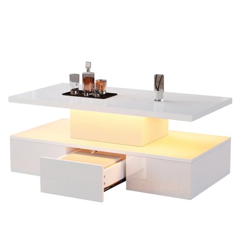Table basse avec Lumières LED- 2 niveaux- Étagère ouverte et tiroir- Laqué brillant- 16 couleurs App Contrôle- Blanc