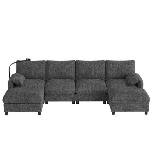 Canapé d'angle modulaire- 6 places- avec ottoman- rangements- coussins inclus- port USB- chenille- support telephone- Gris