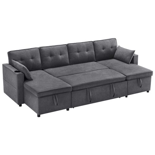 Canapé panoramique- 5 places- rangements- porte-gobelets- coussins inclus- port USB- coton- pour salon- hôtel- 270x130x86cm- Gris